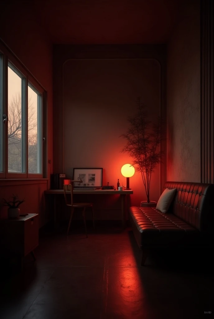 Small room  with windows ,lit up with red halogen light  with noone