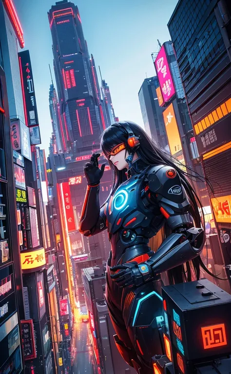 Long black hair、Beauty、Highest quality、cyber punk、cyborg、background(Tokyo from above)Jumping figure、体がcyborg、orange goggles、Mechanical Wingachine Body(robot)、Pale tones overall、high resolution