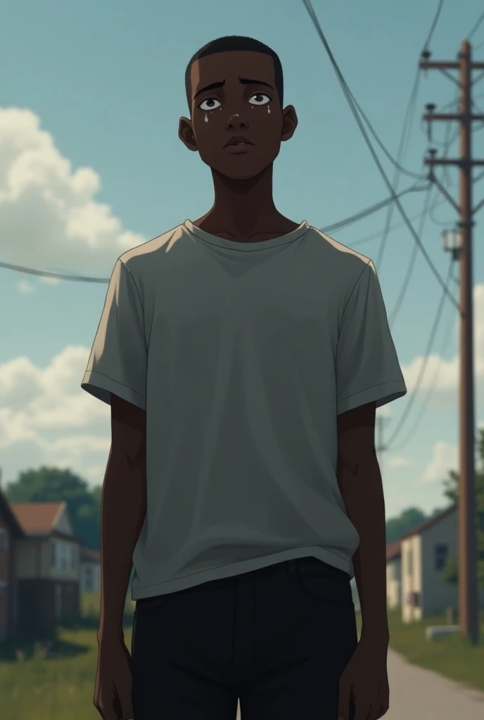 A black man, he is black skin, he has black hair, buzzcut hairstyle, he is standing, he wears a t-shirt and a black pants, he is sad and crying, tears rollin down his cheeks, anime style, realistic wide shot, daylight scene 