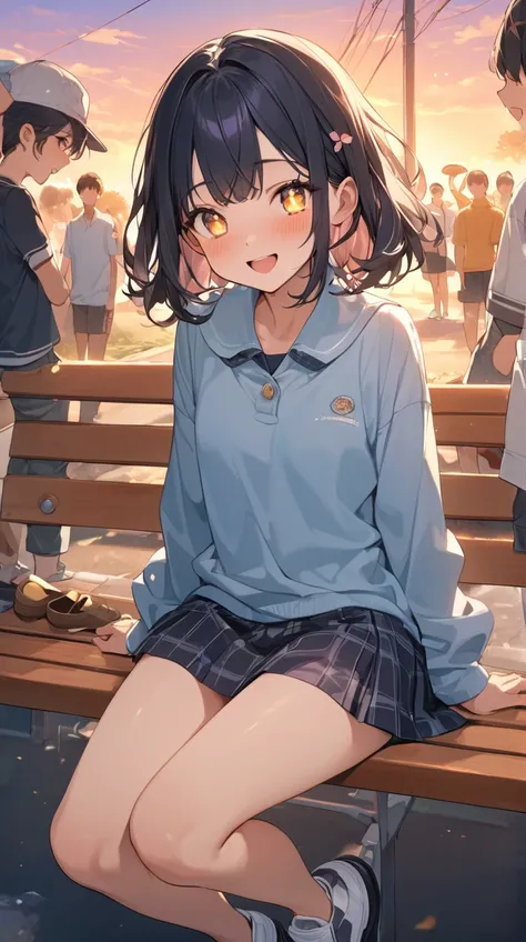 Bad High School Girl、A challenging smile、Sparkling eyes、 medium hair、 Casual Uniforms 、Short skirt、Thick soled shoes 、  
break、  
Twilight Light、(Warm Tones:1.2)、 Vivid Hues 、 Energetic Atmosphere、Free Spirit、  
break、  
Park bench、 chatting with friends、 ...