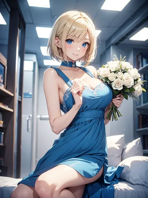 Anime style, super fine illustration, highly detailed, beautiful detailed, pale tone image, static representation, gentle expression, 8k, pretty 1girl with blonde straight short hair & blue eyes & a bright smile & big breasts & soft fair skin is wearing th...