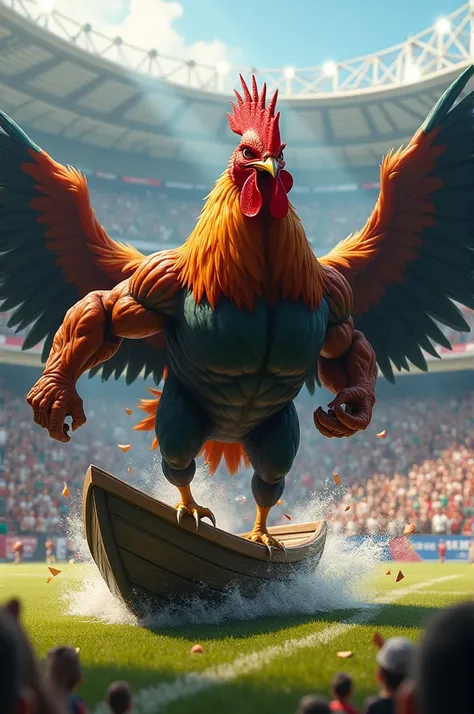 Muscular rooster breaking boat at soccer stadium 