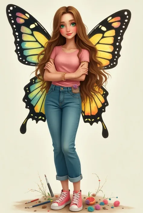 young woman, disney style. green eyes, long light brown hair, with colorful butterfly wings. jeans, light pink blouse, light pink sneakers on her feet. with brushes in his right hand and a hot glue gun in his left hand.