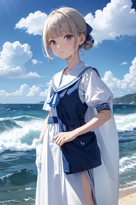 Waterless Light , uniform, dress, white dress, Have, Sailor collar, Left Chest Pocket , Blue Line Pocket,Short sleeve,Puff sleeves, Blue Line Pocket with Folded Cuffs , 2 Blue Lines , Ocean, On the water, null, cloud, Outdoor, bird,  Dutch Angle , long dre...