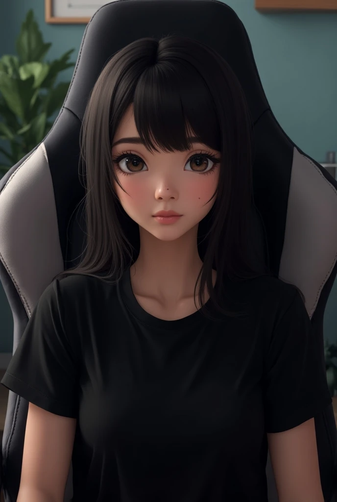 A 25-year-old woman with bangs and waist-length hair this woman has a mole on the right side of her mouth close to her nose 
That woman is wearing a black shirt 
Shes sitting in a gamer chair 