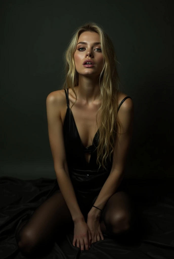 an ultra hot skinny gorgeous European woman, photorealistic, age 23, green eyes, long blonde hair,She wears (intricate revealing skin-tight dress with skin tight latex panties),Wet body, wet hair, dark goth makeup,dslr, high quality,Fujifilm XT3,(masterpie...