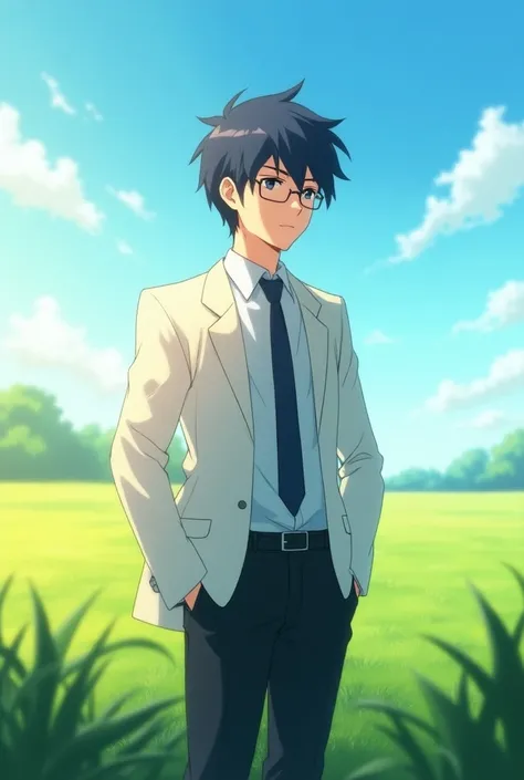 Male anime character with dark blue hair and glasses looking at the sun on a field. he wears a white suit, a pair of black pants.