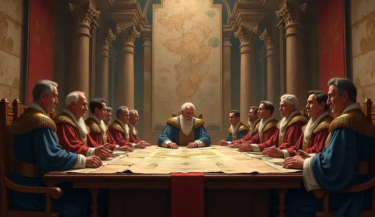 4. Meeting with Ministers

Prompt: "A council of ministers gathered around a long table in a grand hall, expressing concern about King Virendras dream. The room is filled with ancient scrolls and maps, highlighting their discussions."