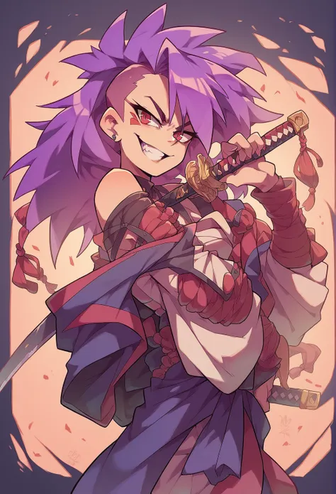 a girl, with a confident smile, purple-haired and red-eyed , using a katana in the hand