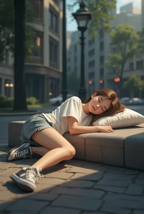 A realistic woman sleeping in the city wearing a t-shirt and shorts in sneakers