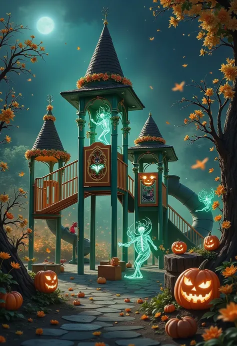 halloweenglowstyle ，playground，halloween,  dark , atmosphere, night, glow, (masterpiece:1.3) ( are of the best quality :1.2) (hi...