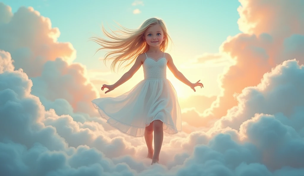  Fantasy Art 、 Girl walking on fluffy clouds while balancing with open arms、Blonde hair and blue eyes、Pure white light dress 、smile、live-action