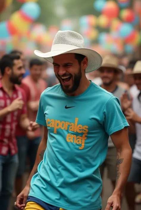 Messi wearing a white gangster-style hat with a light blue t-shirt that says CAPORALES ENAF dancing at a folk party in letters 