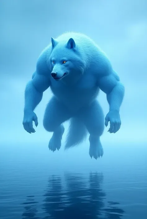 A massive blue wolf with blue fur (light blue) with no clothes and a big big cock floating above the ocean