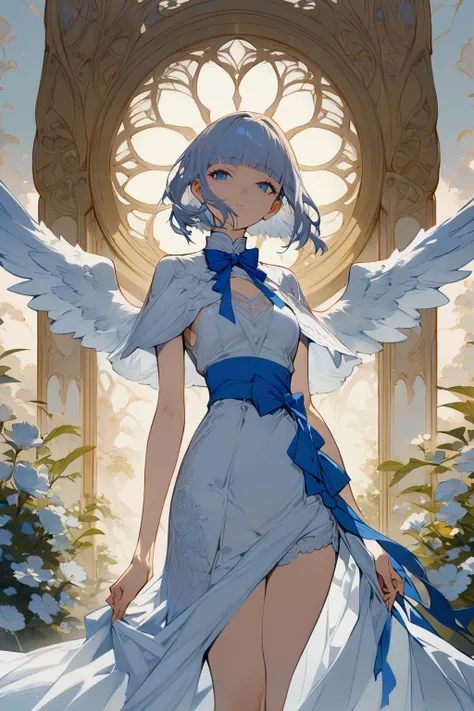 (((masterpiece))),(((best quality))),((ultra-detailed)),(illustration),((an extremely delicate and beautiful)),(detailed background), ((clothed)), solo, (1girl), ((((stylized)))), angel wings, blunt bangs, white dress, capelet, blue bow,