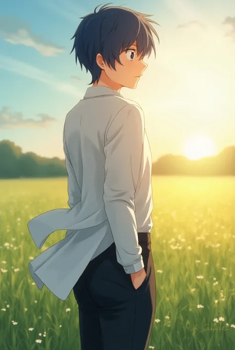  Dark blue-haired male anime character poked down looking at the sun on a field. he wears a white suit, a pair of black pants. I want the sleeve around his shoulders as the focus of the image .