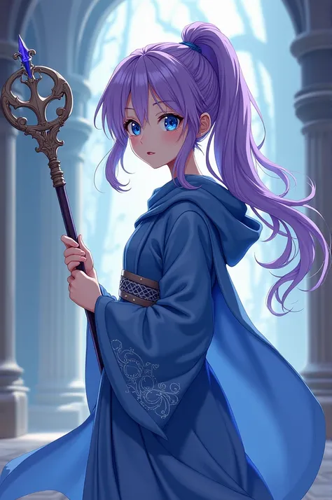 Young Anime girl mage with Blue eyes and purple hair in a ponytail wearing a blue robe Is holding a staff