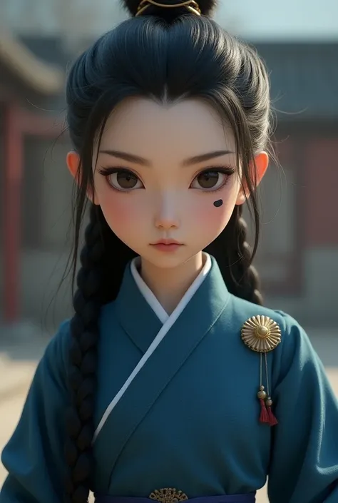 A Chinese girl with  Sharp 
siren eyes thin lips and a oval face wearing a blue ancient Chinese military dress with long black hair braided and a black mole on her left cheekbone chubby cheeks and a stern face