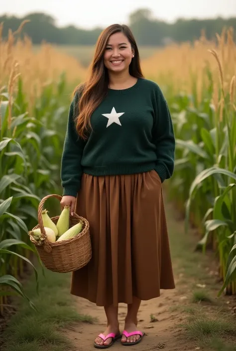  Realistic photo of a fat beautiful woman ,  long hair of straight brown color  ,  wearing a loose sweater dark green color star motif ,  brown MIDI pleated skirt , flip flop pink  ,  standing relaxed smiling ,  cornfield background  ,  woman carrying bask...