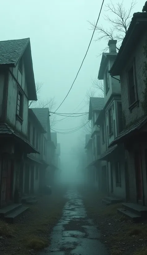 **Village street with broken houses**: A narrow, deserted street with dilapidated houses on either side. The houses have broken windows, collapsing roofs, and walls covered in moss and ivy. The fog rolls through the street, obscuring much of the scene.