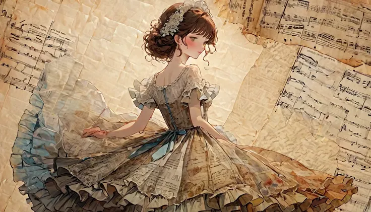  ultra-detailed alcohol ink painting of a beautiful woman ,   vintage script paper patchwork、 stress-free mixed media masterpiece  , Ephemera,  torn cardboard , Vintage Newspaper, Vintage Sheet Music, Sealed,  dress made with paper ruffles and life size de...