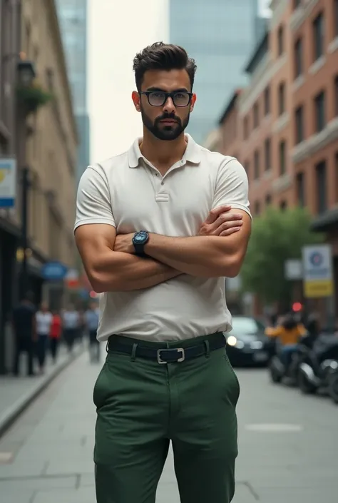 Man with short curly black hair and short black beard At an age 45 years old with dark lenses with green pocket pants with a skinny white polo shirt with a height of 1.79 wearing blue sneakers with crossed hands