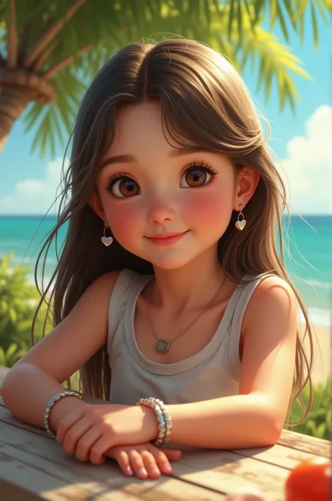 Best quality, tabletop, (realistic: 1.2) Girl, brown hair, brown eyes, front, detailed face, beautiful eyes, . decorated with little things, and had a silver bracelet on her wrist. While playing, the girl was fascinated by the brightly colored sea scenery....