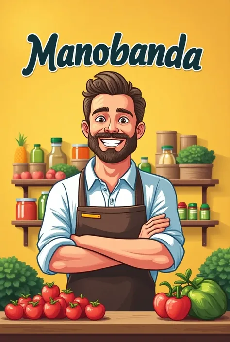 Store logo with the name Manobanda with a 35-year-old man without a beard selling groceries 