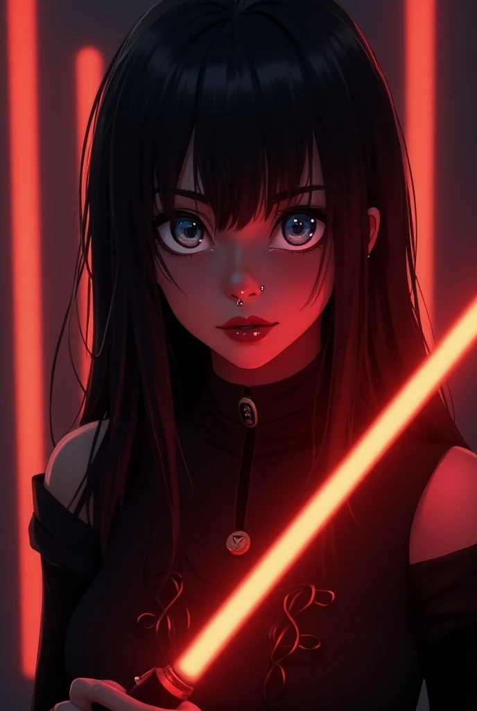  A black girl gothic style blue eyes nose piercing medium length hair, with a red lightsabre 