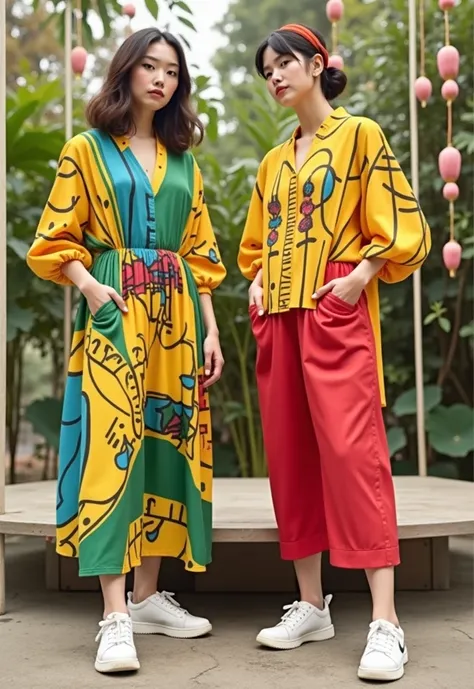  2025 Spring and Autumn Loose Shirt Dress Art Design， Keith Haring Street Graffiti Pattern Style ， Super Beautiful Girl Model Mangosteen and Hanging Lotus Form ，British Vivienne Westwood Clothing Style ，Chiffon fabric ， high quality fabric ，--Aspect Ratio ...