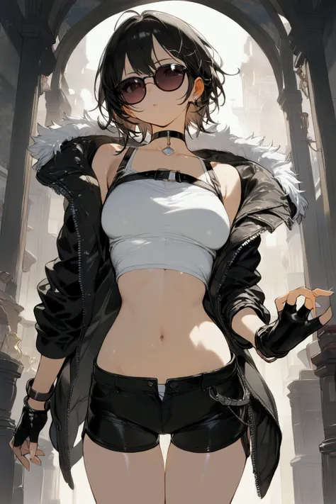 (((masterpiece))),(((best quality))),((ultra-detailed)),(illustration),((an extremely delicate and beautiful)),(detailed background), ((clothed)), solo, ((((1petit girl, short stature)))), ((She wears jacket, black jacket, sunglasses, gloves, black gloves,...