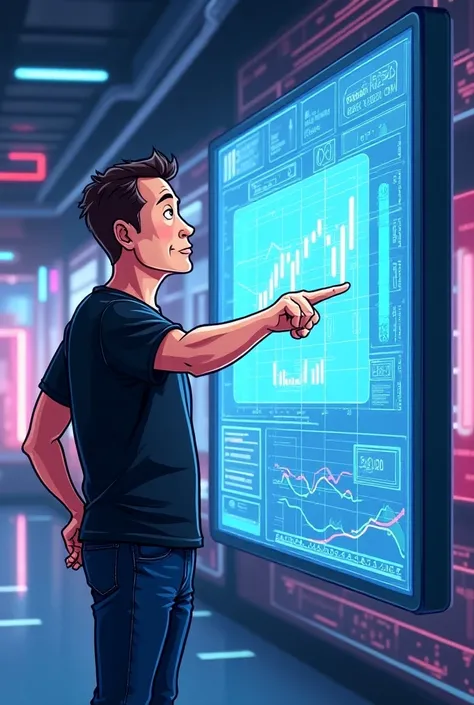 A cartoon drawing of Elon Musk controlling a screen