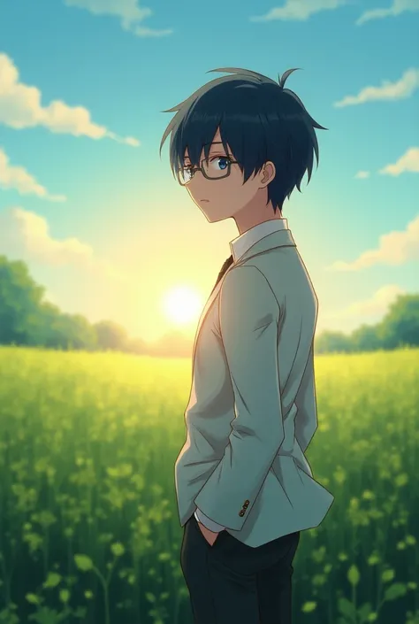 Dark blue-haired male anime character poked down looking at the sun on a field. His eyes are dark blue . he wears a white suit, a pair of black pants.  the focus of the image is him turned looking at the sun in front of him .  He wears round glasses with a...