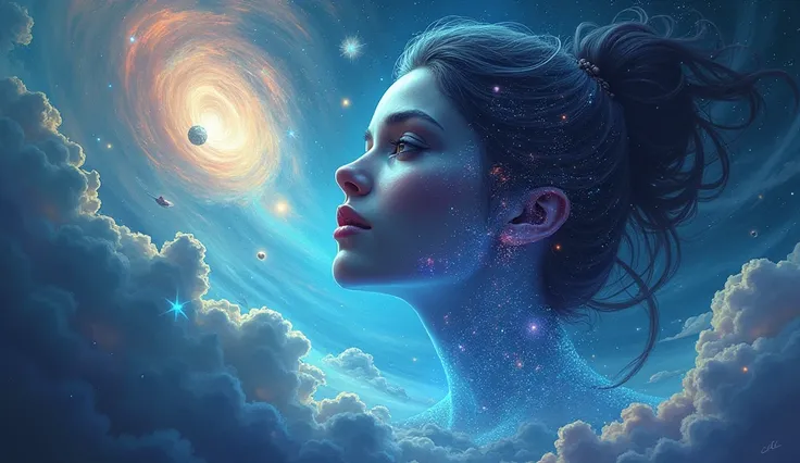 fantasy style illustration abstraction on the theme of space stars, planets, interstellar nebulae, hologram of a beautiful female face, attractive mysterious picture, masterpiece of digital painting.