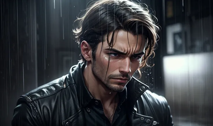 Men crying, raining, dark