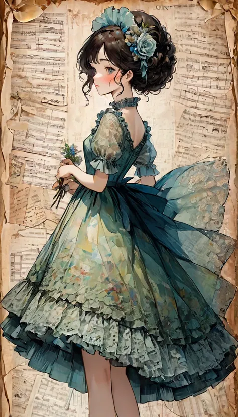  ultra-detailed alcohol ink painting of a beautiful woman ,   vintage script paper patchwork、 stress-free mixed media masterpiece  , Ephemera,  torn cardboard , Vintage Newspaper, Vintage Sheet Music, Sealed,  dress made with paper ruffles and life size de...