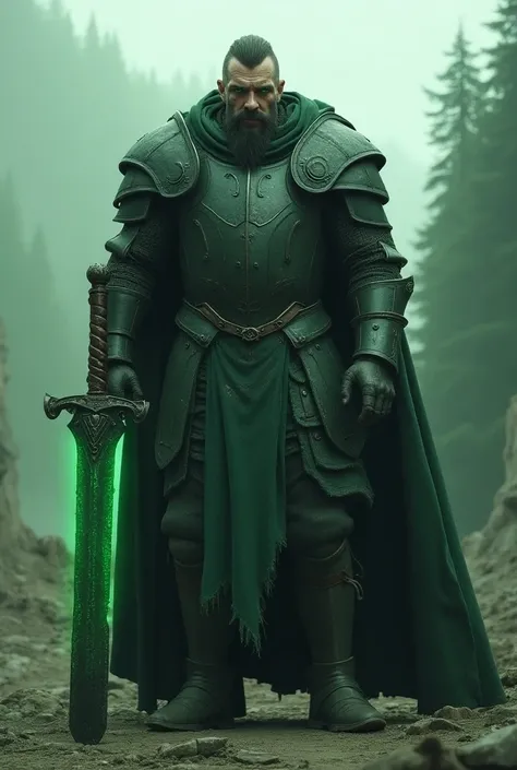 A towering, battle-hardened English mythology-inspired green knight, physically perfect with a muscular body frame, clad in heavy, blackened armor bearing signs of wear from countless brutal battles. His face, pale with deep scars, features tired, green ey...