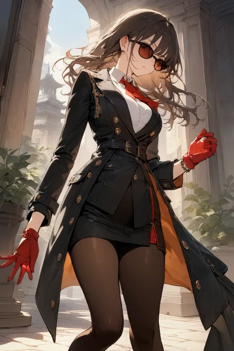 (((masterpiece))),(((best quality))),((ultra-detailed)),(illustration),((an extremely delicate and beautiful)),(detailed background), ((clothed)), solo, (1girl), ((She wears jacket,black jacket,coat, pantyhose, gloves,red gloves, sunglasses,jewelry)),