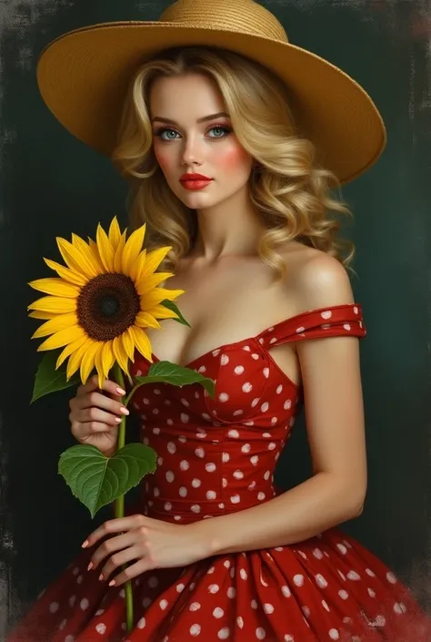 beautiful blonde Retro Hollywood pine up white woman with Slavic facial features, red dress with white polka dots, holding yellow sunflower, straw hat, dark watercolor background, aristocratic pose, extremely detailed eyes and face, long eyelashes, beautif...