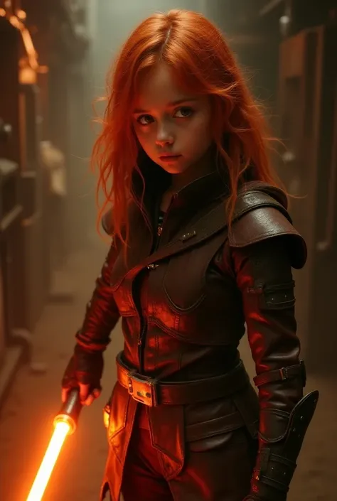 Photorealism, teenage redhead girl, wearing leather armor and holding an orange lightsaber. 