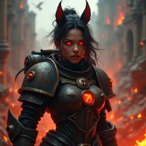 A beautiful girl in Chaos Space Marine armour, burning eyes, crazy fanged smile, hellhound ears and tail, tousled hair, detailed portrait, hyper realistic, cinematic lighting, dramatic composition, intense colors, intricate armor details, gritty battle-wor...