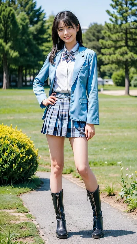 (8k、raw photos、 best quality、masterpiece:1.2)、(realistic、realistic)、1 person、((light blue blazer、 medium hair、smile、schoolgirl u...