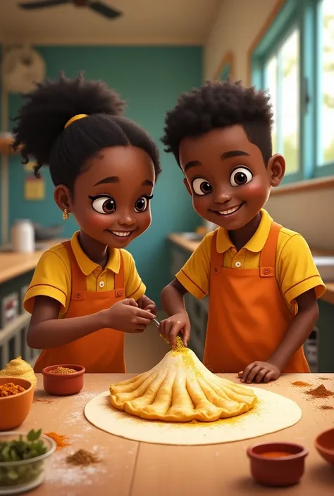 An African girl and boy spicing up an empanada at school 