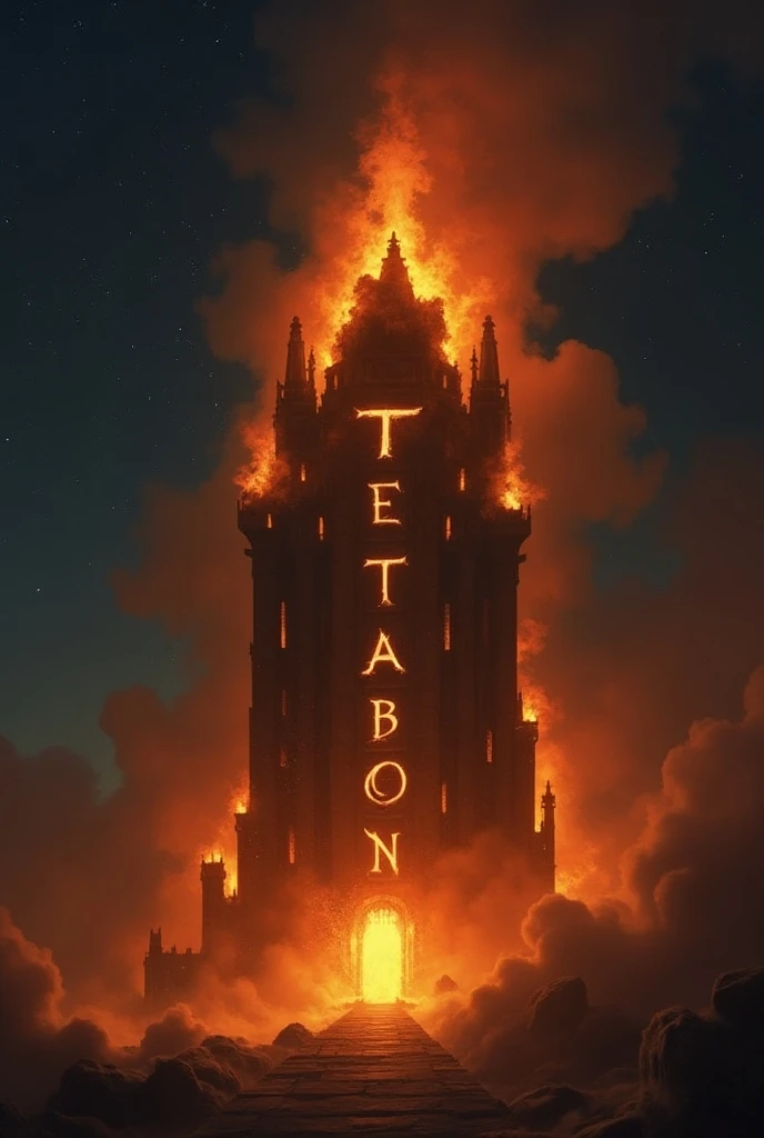 Fiery building with the inscription Tentabon at night with smoke 