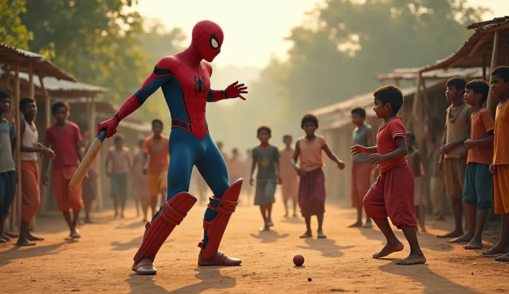 Spider man playing cricket with poor young villagers 