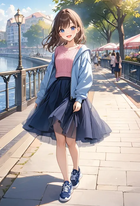 (tulle long skirt), full body、masterpiece, Best Quality,  very detailed, Thin legs、 beautiful details, Depth, Fine texture, sharp. skin,  very cute girl 、Alone、Happy smile、blush, open mouth、Deep blue eyes, Brown Hair、Navy Blue, open jacket, pink knit sweat...