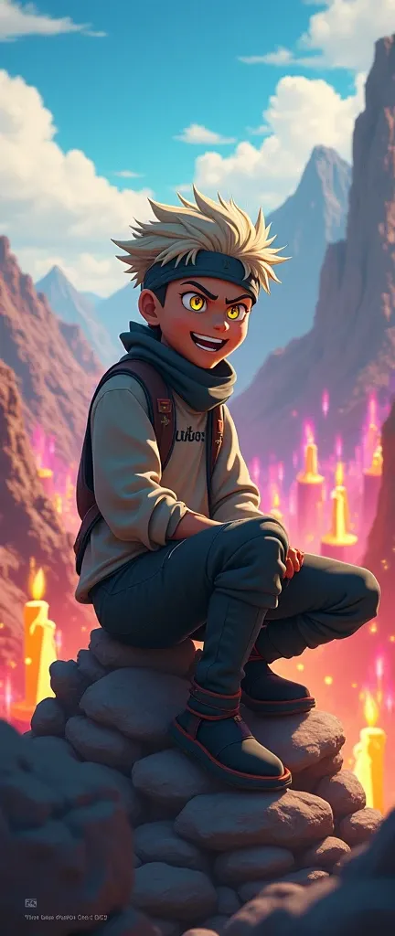 
 The character is a young man .  His skin tone is a light bronze color .  He has short hair , spiky, light blond/gray,  covered by a band /máscara com um símbolo ninja estilizado em gray escuro. Your eyes are big,  bright yellow and has a determined expre...