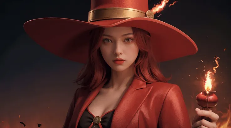 same image,  but with a very stylish red magician hat, with flaming sparks and a reddish tone in the background 