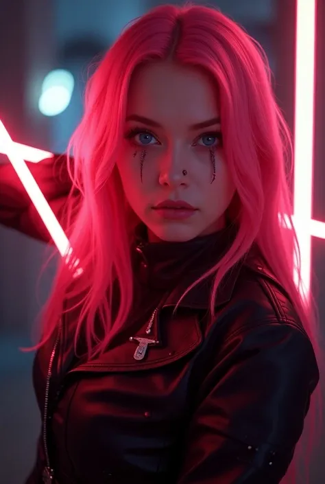 hyper realistic, full body,  A gothic style girl blue eyes nose piercing long pink hair, with a hyper realistic red neon lightsaber , In Jedi combat pose , perfect body,