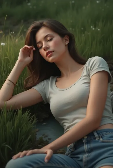 A realistic and sexy woman sleeping outside in a t-shirt and shorts wearing sneakers